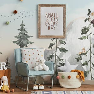 Mountain and Forest Wallpaper Boy Girl Nursery, Woodland Animals Accent Wall Mural Rustic Toddler Room Hunting Wallpaper Peel and Stick X108