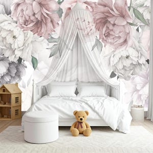 Peony Wall Mural Watercolor for Girl Room. Abstract Flower Wallpaper Nursery Kids. Pastel Wallpaper Remove Self Adhesive Peel & Stick X581