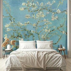 Almond Blossoms by Vincent van Gogh Wall Mural, Impressionism Wallpaper Masterpiece, Teal Amandelbloesem Retro Wall Oil Paining Bedroom MM22