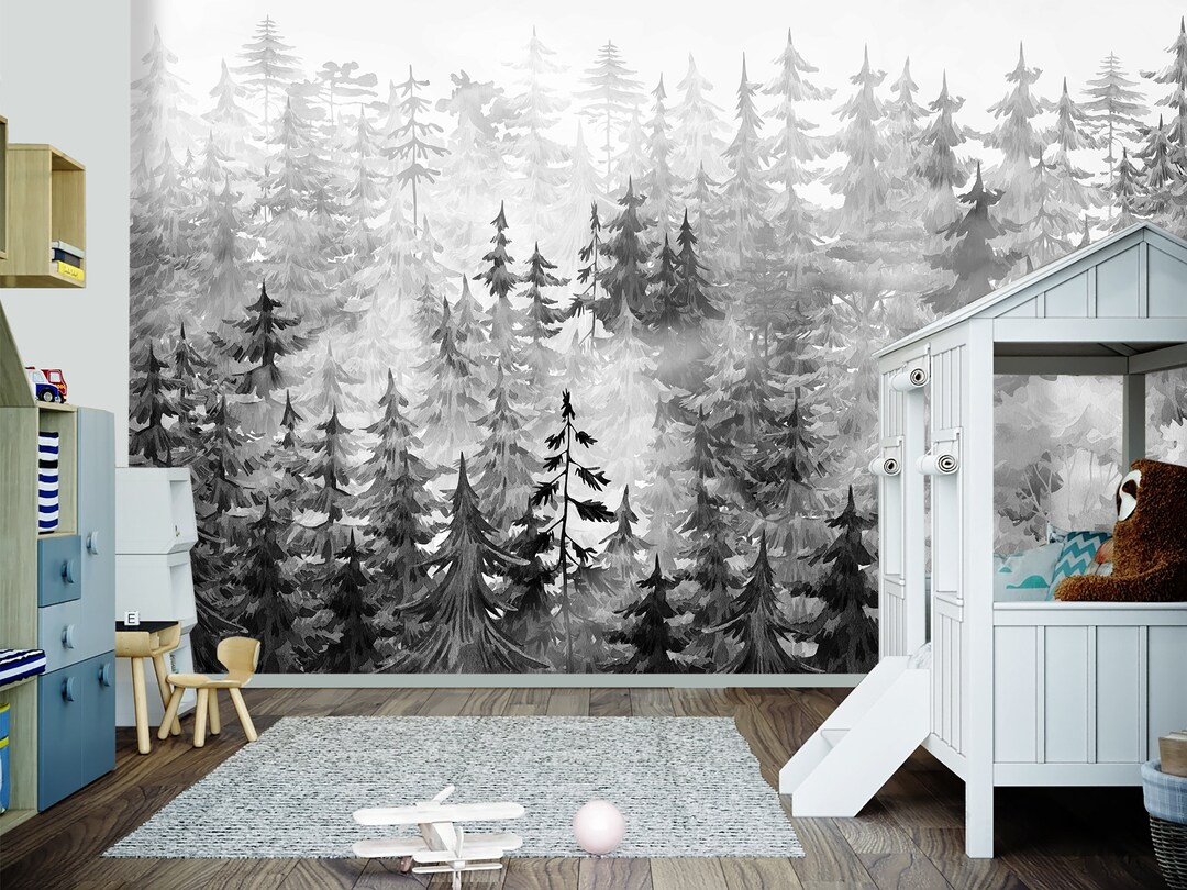 Black and White Accent Wallpaper Boy Nursery Pine Forest Etsy