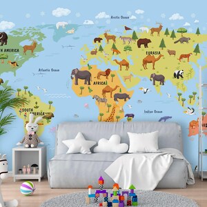 Wild Animal World Map Wallpaper for Newborn Nursery, Blue World Map Wall Mural Toddler Bedroom, Accent Wallcovering Boy Room Decoration X849