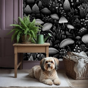 Black and White Botanical Mushroom Wallpaper Peel and Stick Bathroom, Magic Forest Wall paper Nursery, Whimsical Wall Mural Removable XC49