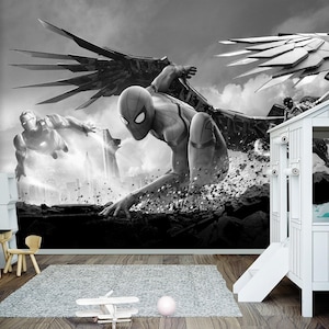 Spiderman Black and White Wallpaper for Boys Room, Spiderman Wall Mural Nursery, Adhesive Peel & Stick Vinyl Decor Teen Room Playroom X888