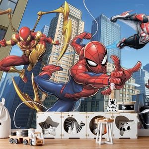 Spiderman Wall Mural Removable, Boy Room Wallpaper Peel and Stick, Сartoon Superhero Wallpaper Nursery, Сomic Children  Art Playroom X10