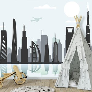 Tallest Skyscrapers Cityscape Wallpaper Teen Boy Bedroom, Burj Khalifa, Empire State Building, Shanghai Tower Wall Mural Self Adhesive X929