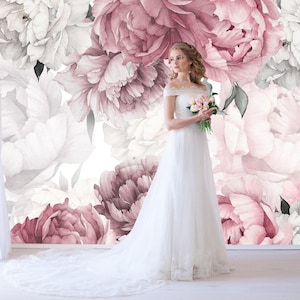 Pink Peony Wallpaper Peel and Stick Girl Room, Peonies Flower Wallpaper Mural Nursery, Floral Wall paper Removable Self Adhesive X707