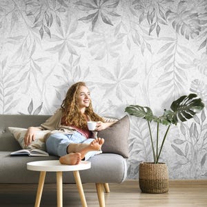 Black and White Botanical Wallpaper Peel and Stick, Grey Leaf Wallpaper Bedroom, Large Floral Wall paper Removable Tropical Wall Mural X884