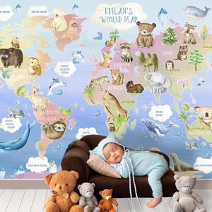 Personalized Animal World Map Wallpaper for Newborn Boy Room, Name Wall Mural Toddler Nursery, Accent Watercolor World Map Wallcovering X951