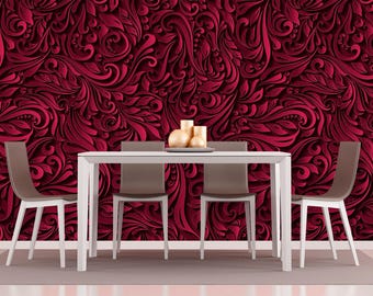 Murrey Floral Wallpaper 3D. Dark red Wallpaper. Luxury wall decor Remove Wallpaper Mural Self Adhesive Wallpaper Peel & Stick Non Woven X684