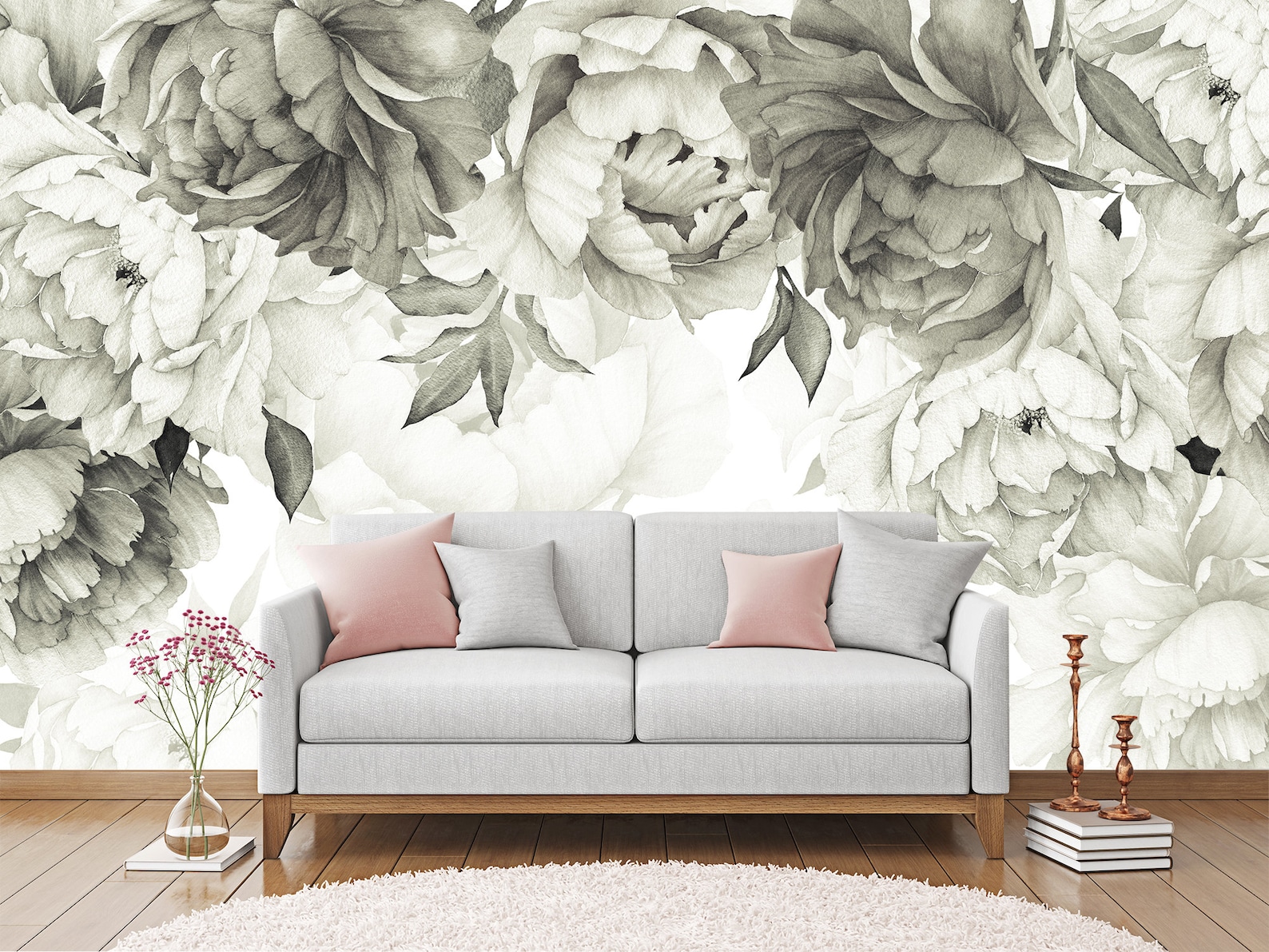 Grey Peony Wallpaper Black and White. Peony Floral Wall Decor Etsy