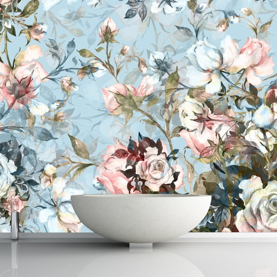 Removable Water-Activated Wallpaper Watercolor Floral Vintage Botanical English