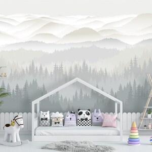 Grey Woodland Wallpaper Peel and Stick Boy Nursery, Ombre Mountain Wallpaper Playroom Landscape Mural Hunting Wilderness Wallpaper Outlander