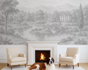 Monochrome French Chateau Toile Wallpaper Peel and Stick, Scenic Countryside Pastoral Wallpaper  Bedroom, Landscape Mural Removable MM102