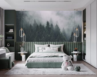 Woodland Forest Wallpaper Peel and Stick Boy Room, Foggy Mountain Landscape Wall Mural, Cloud Ombre Wallpaper Outlander decor Bedroom X409
