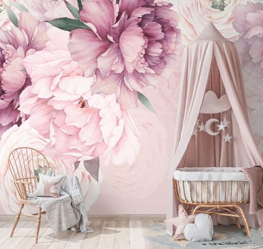 Peony Wall Mural Watercolor Baby Girl Room, Flower Wallpaper Nursery ...