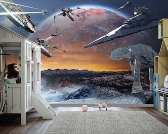 Star Wars Wallpaper Nursery Boy. Spaceship Wall Mural. Star Wars Wall Art. Self Adhesive Wallpaper Space. Peel and Stick Wallpaper Dark X659
