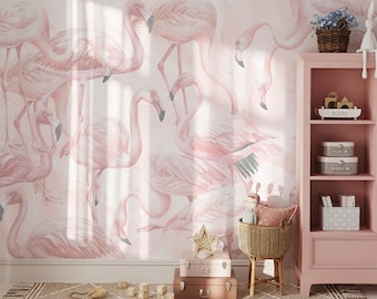 Soft Pastel Flamingo Wallpaper Girl Bedroom,  Pink Flamingo Wall Mural Nursery, Accent Adhesive Wallpaper Peel Stick Removable Non Woven X31
