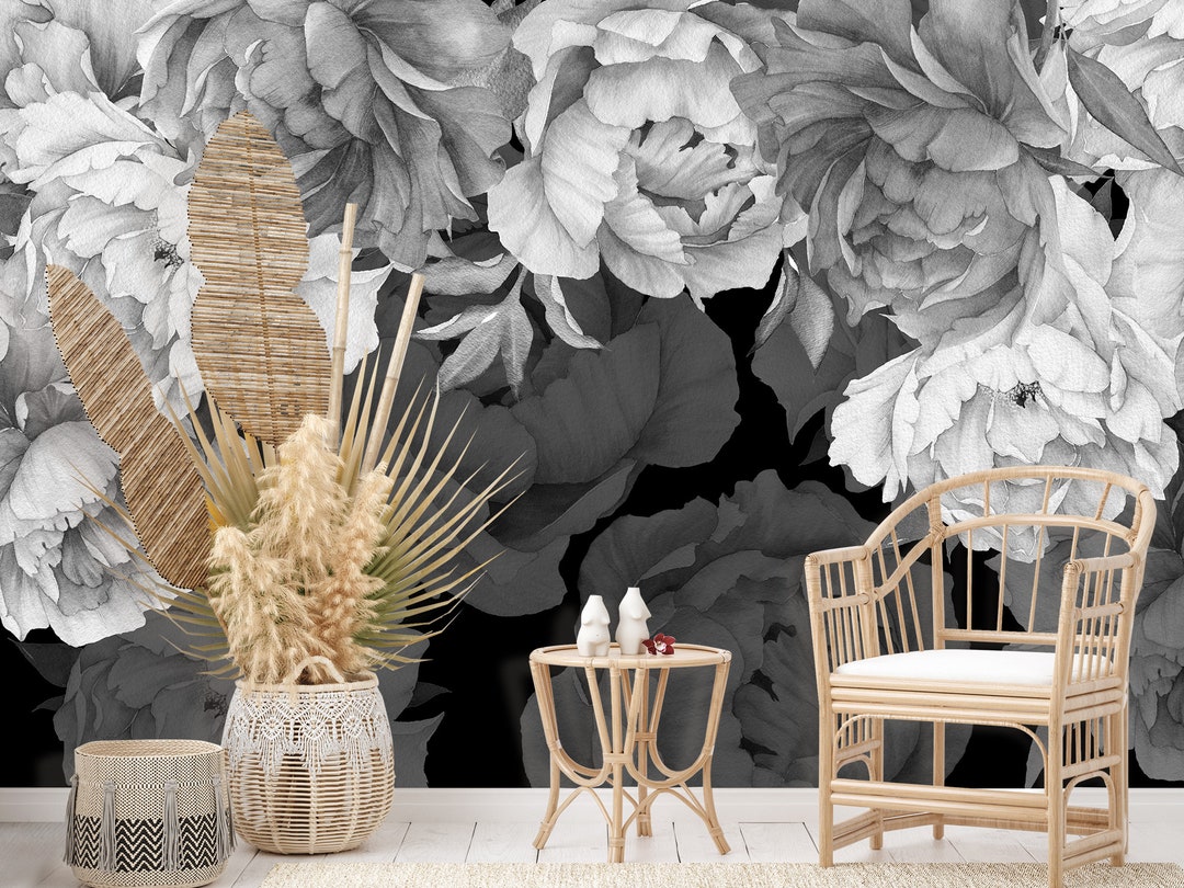 Black and White Peony Wallpaper for Flower Shop, Floral Wall Mural