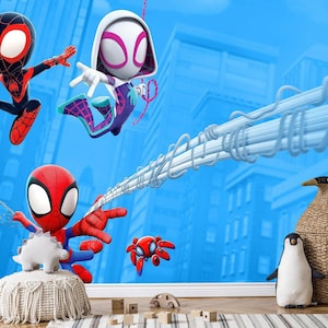 Superhero Spider and His Amazing Friends Wallpaper Peel Stick, Blue Cartoon Spiderman Wallpaper Game Room, Wall Mural Nursery Kid Decor X147