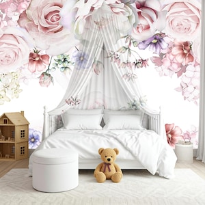 Pastel Floral Peony Wall Mural Watercolor, Wild Flower Wallpaper Nursery Baby Girl, Accent Wallpaper Peel and Stick, Feminine Decor X995