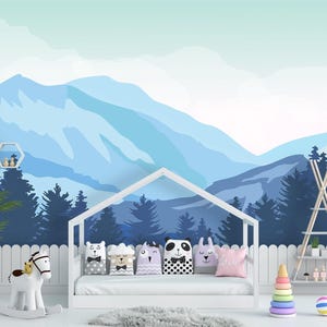 Ombre Blue Mountain Wallpaper Mural, Woodland Wallpaper Boys Nursery, Pine Tree Forest Wallpaper Peel & Stick Wildlife Wall Decor X629