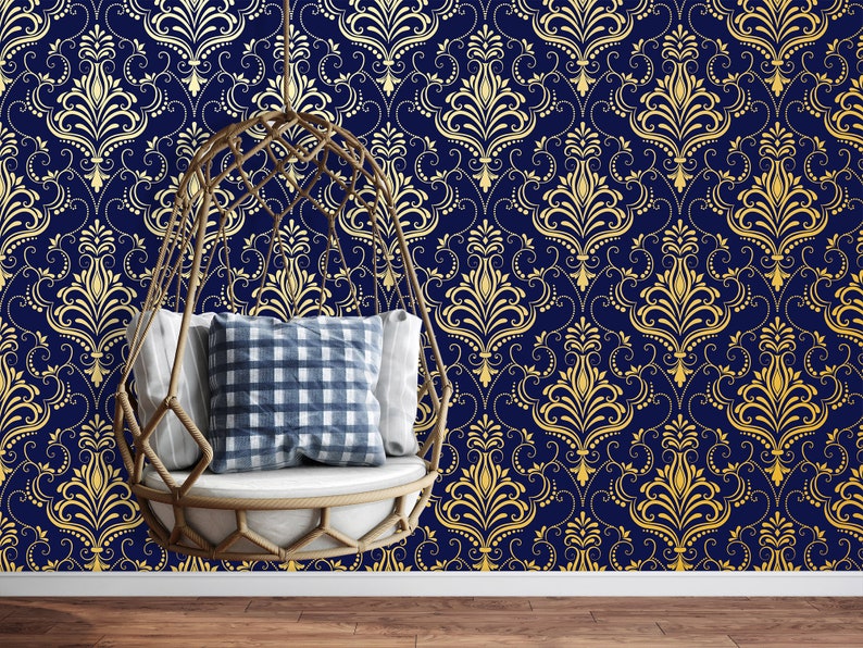 Metallic Gold Navy Blue Wallpaper Damask Decor Baroque Etsy