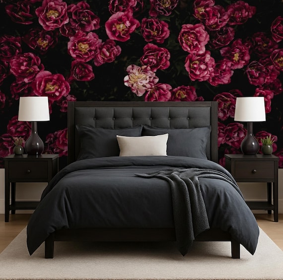 Dark Flower Wallpaper Bedroom.  Black Floral Wallpaper Removable. Wallpaper Mural Self Adhesive Wallpaper Pink Peel and Stick Peony X230