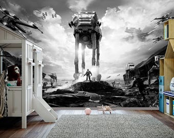 Star Wars Wallpaper Teen Boy Room, Spaceship Wall Mural, Darth Vader Wall Art. Self Adhesive Wallpaper Space, Black and White Wallpaper X617