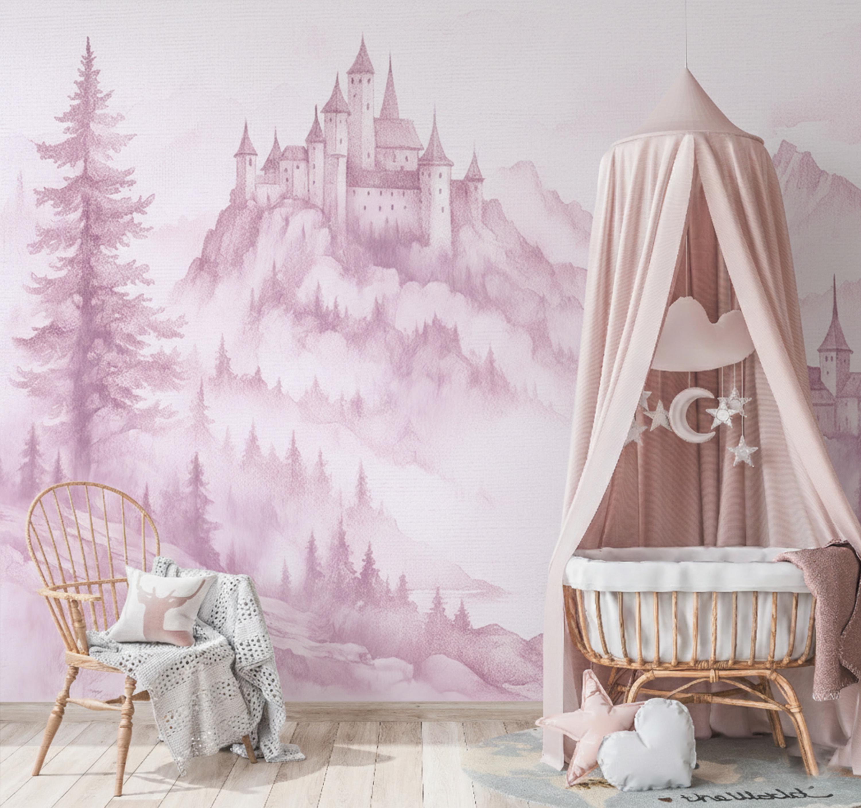 Pink Fairy Tale Castle Toile Wallpaper Peel & Stick Girl Nursery ...