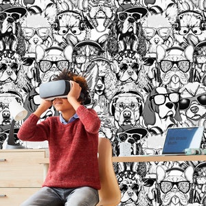Black and White Dog Wallpaper Peel and stick Teen Room Graffiti Dogs Themed Wall paper Mural Roll Self Adhesive Tapete Teenager Bedroom XC85