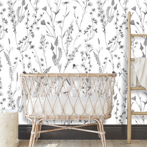 Black and White Wild Flower Wallpaper Peel and stick Baby Girl Nursery Decor, Floral Wall paper Mural Roll Self Adhesive Tapete Bedroom XC82