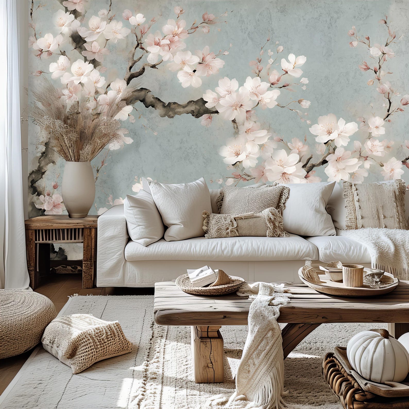 Chinoiserie Sakura Wallpaper Peel and Stick Powder Room, Blue Floral ...
