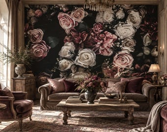 Watercolor Flower Wallpaper Bedroom. Dark Floral Wallpaper Removable Wallpaper Mural. Self Adhesive Wallpaper. Peel and Stick Wallpaper X183