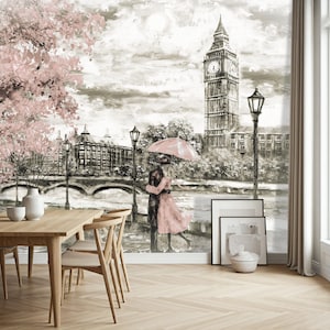 Oil Painting Art London Wallpaper with Big Ben, Teen Girl Bedroom Wall Decor Removable, Caffe Wall Mural Self Adhesive Peel and Stick X700
