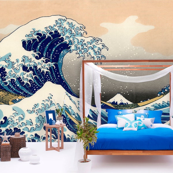 The Great Wave off Kanagawa Wall Mural Katsushika, Hokusai Wallpaper Masterpiece, Retro Wall Art Great Wave Decor Bedroom, Living Room X149