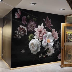 Dark Floral Wallpaper Removable, Peony Wall paper Mural Bedroom, Large Floral Adhesive Wall Decor Peel and Stick, Non Woven Wall Mural X20