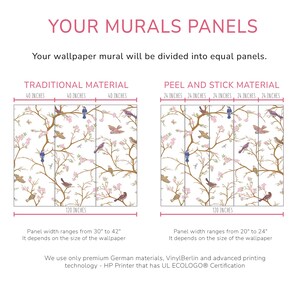The image is a wallpapered wall with two panels, each featuring a traditional and peel and stick material. The wallpapered wall is divided into equal panels, and the panel width ranges from 30 to 42" depending on the size of the wallpaper. The wallpapered wall is made of premium German materials, such as vinyl/berlin and advanced printing technology, and is certified by the HP printer with the ULTECO® standard.