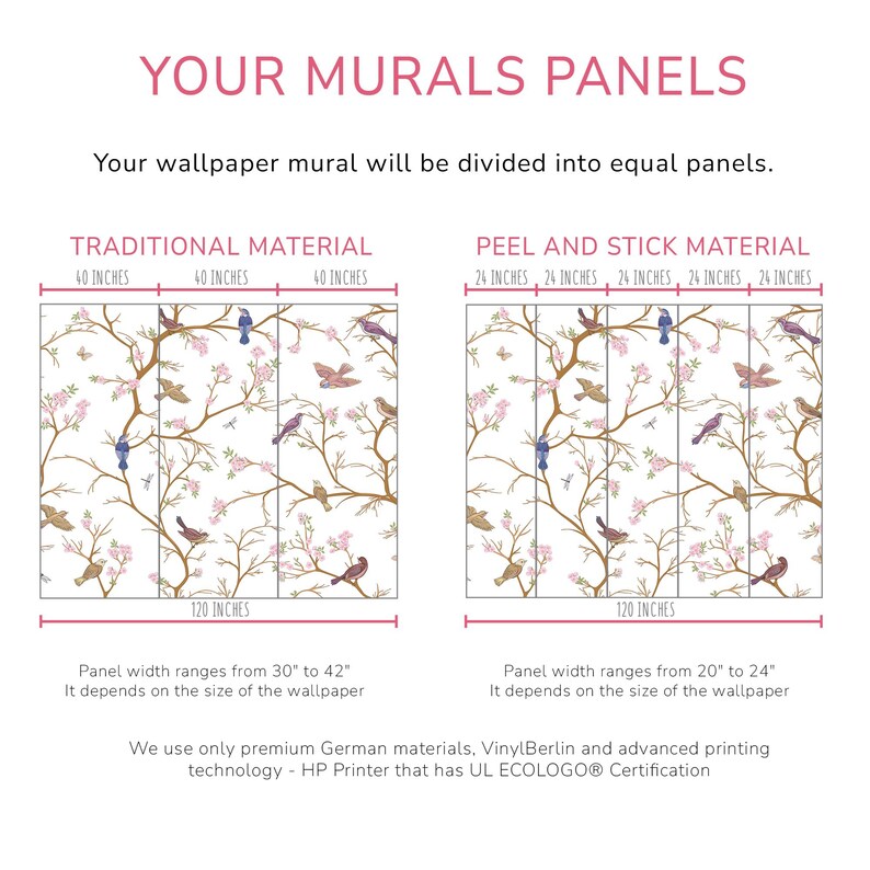 The image is a wallpapered wall with two panels, each featuring a traditional and peel and stick material. The wallpapered wall is divided into equal panels, and the panel width ranges from 30 to 42" depending on the size of the wallpaper. The wallpapered wall is made of premium German materials, such as vinyl/berlin and advanced printing technology, and is certified by the HP printer with the ULTECO® standard.