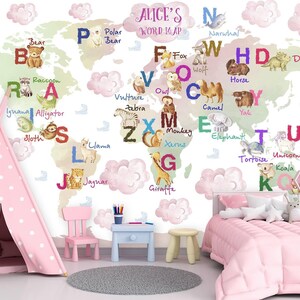 Pink World Map Wallpaper for Girls Nursery, Personalized Alphabet Wallpaper Watercolor Animals, Peel & Stick Self-Adhesive Wall Mural X938