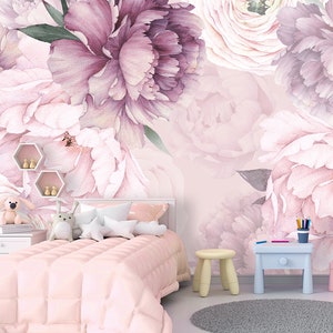 Peony Wall Mural Watercolor Baby Girl Room, Flower Wallpaper Nursery, Peonies Wallpaper Self Adhesive, Non Woven Eco Friendly Material X879