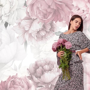 Soft Peonies Flower Wallpaper Girl Nursery Decor / Pastel Peony Floral Removable Wall Mural / Self Adhesive Wallpaper Peel & Stick X847