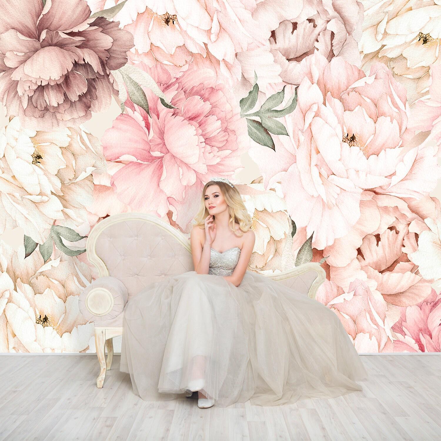 Peony Wallpaper Peel and Stick Baby Girl Room, Pastel Peony Flower Wall ...