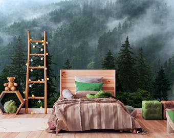 Outlander Foggy Forest Wallpaper Peel and Stick, Woodland Wallpaper Landscape Wall Mural Bedroom, Cloud Ombre Mountain Wall Paper Mural X341