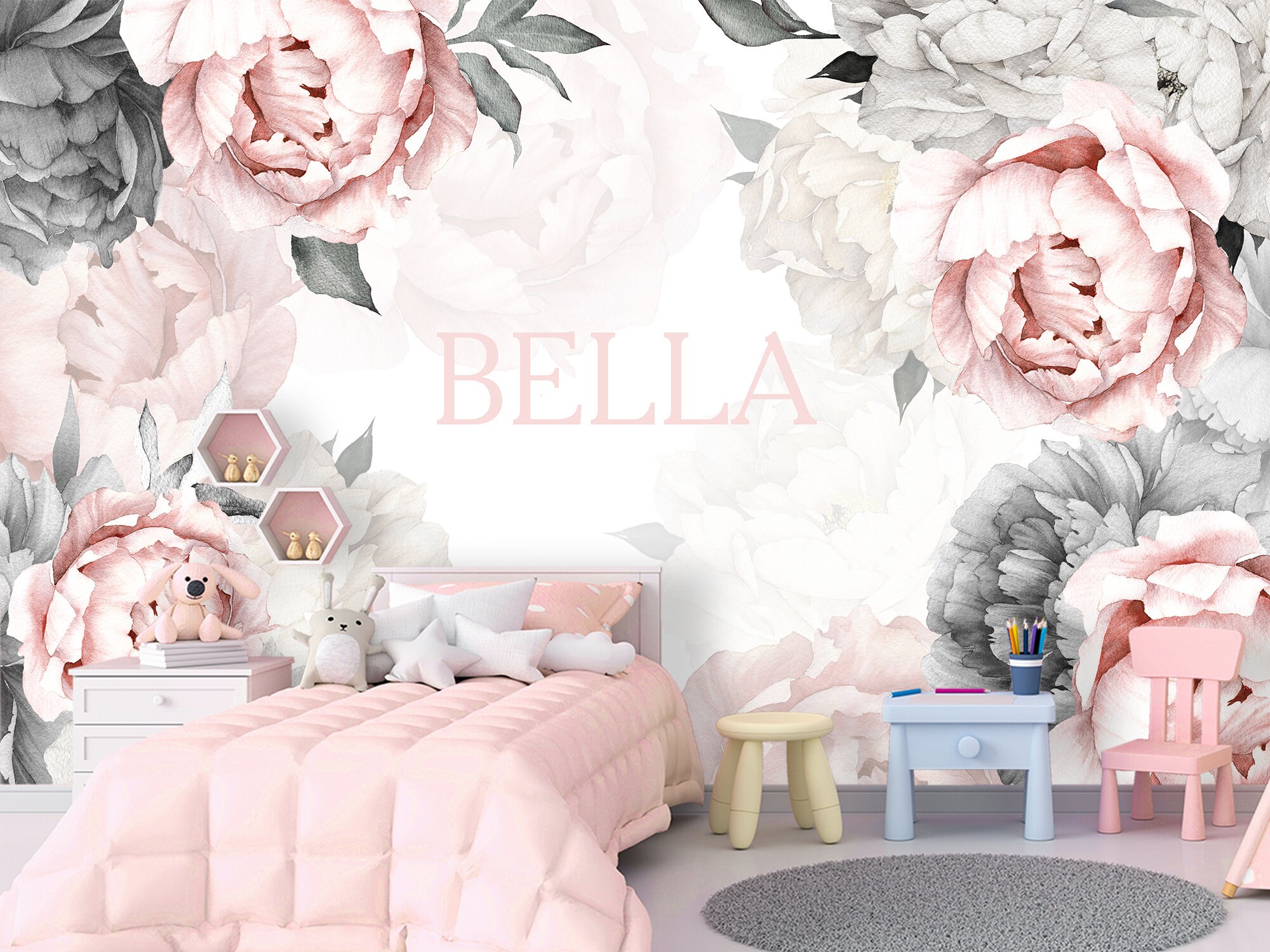 Personalized Watercolor Peony Wallpaper Mural Nursery Girl. - Etsy Norway Personalized Watercolor Peony Wallpaper Mural Nursery Girl. - Etsy Norway