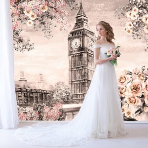 London Wallpaper Big Ben View. Flower Landscape Wallpaper. Removable Wallpaper Mural Self Adhesive Wallpaper. Peel and Stick Wallpaper X228