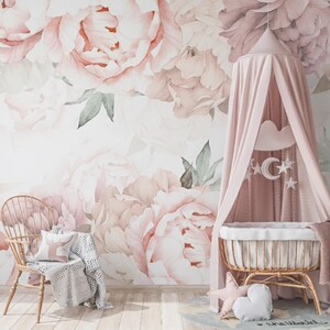 Soft Pastel Peony Flower Wallpaper Girl Nursery. Floral Wall Mural Bedroom Self Adhesive. Watercolor Peonies Wallpaper Peel Stick Remove X53
