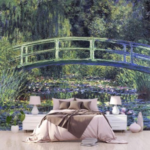 Blue Water Lily Pond by Monet Wall Mural, Impressionism Wallpaper Masterpiece, Retro Wall Oil Paining Art Decor Bedroom Living Room  MM7