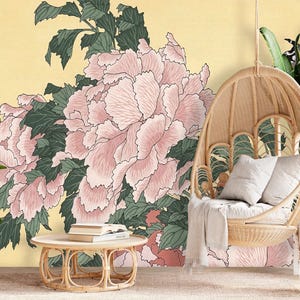 Peony by Katsushika Hokusai Wall Mural, Japandi Wallpaper Masterpiece, Peonies Floral Wall paper Mural, Retro Japanese Paining Decor MM25
