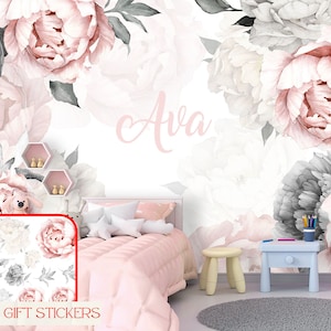 Personalized Peony Wall Mural Baby Girl Room. Watercolor Peonies Flower Wallpaper Nursery. Pink Floral Wallpaper Remove Self Adhesive X868