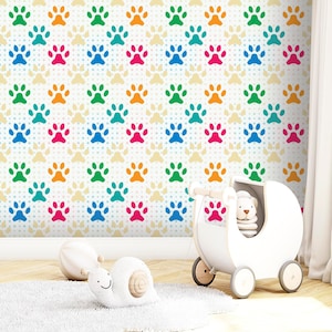 Nursery Wallpaper Paw Print. Colorful Wallpaper Kid. Removable Wallpaper Mural. Self Adhesive Wallpaper Roll. Peel and Stick Wallpaper. X38